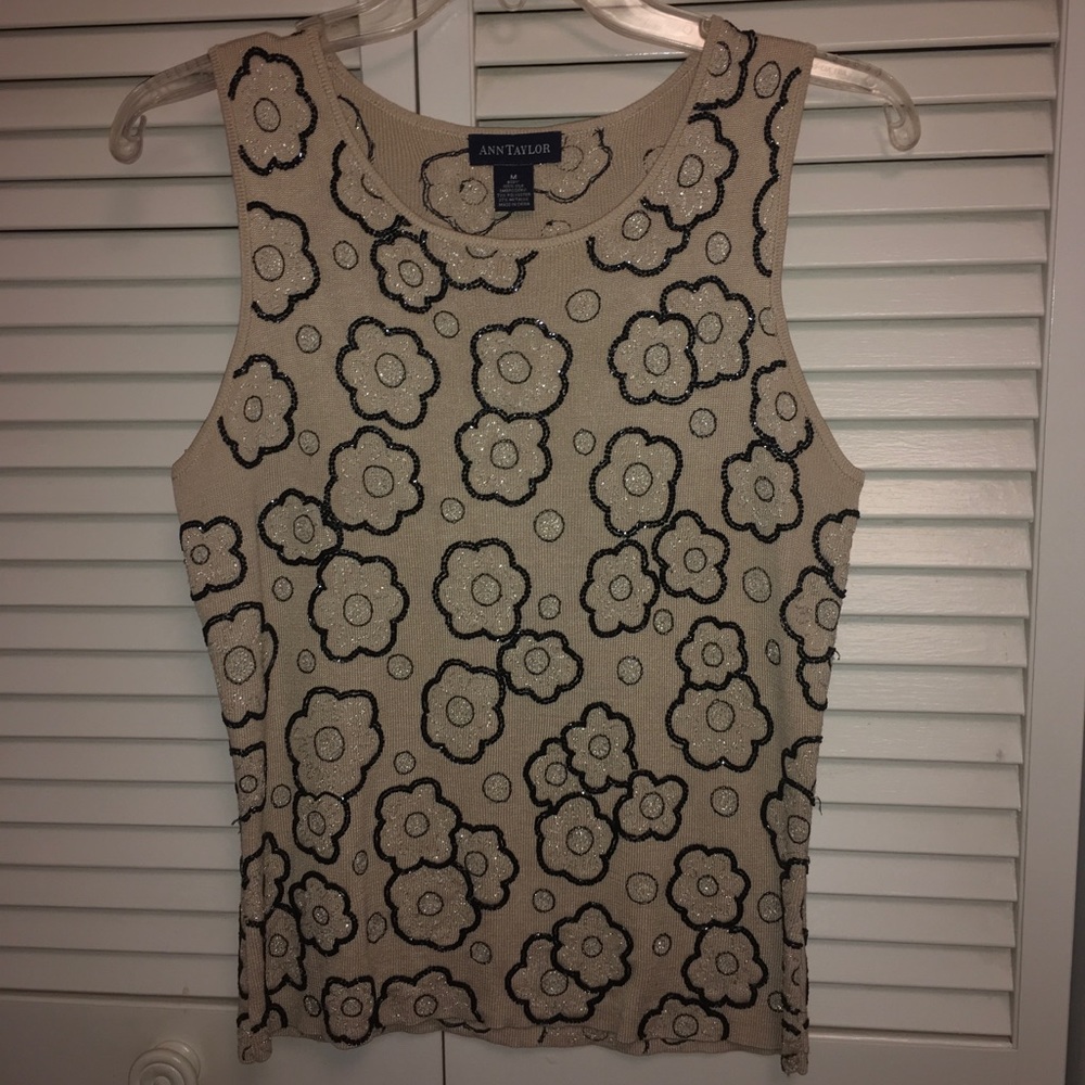 Ann Taylor Black Sequence Pattern Beige Tank/Shell